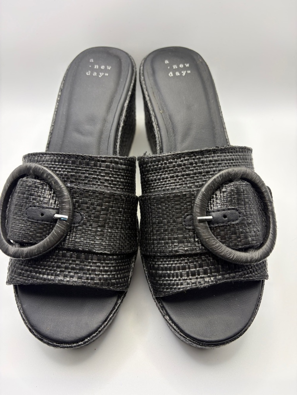 a new day Black Woven Slide Mules with Round Buckle